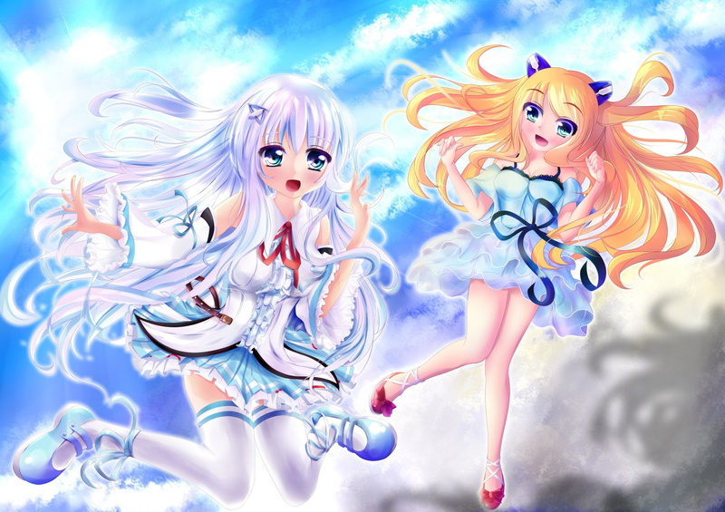aizawa, long, hair, microsoft, hikaru, 1080P, ribbons, os-tan, skirt, thighhighs, girls, white, eyes, aqua, clouds, orange, dress, sweetcloud, sky, lei