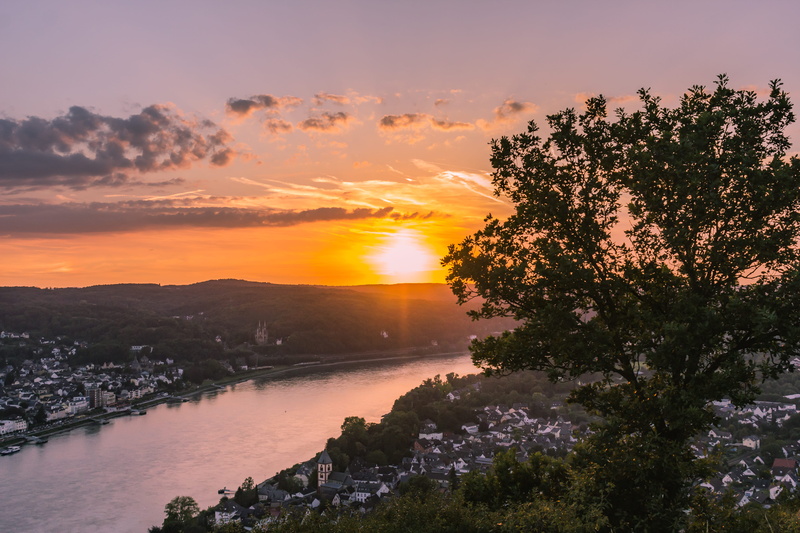 water, erpel, scenics - nature, mountains, riber, idyllic, no people, orange color, nature, tranquility, rhein, tranquil scene, summer, plant, beauty in nature
