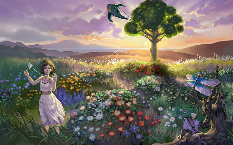 Lei Sheng, tree, dragonfly, Before dark, 1080P, sky, the sky, clouds, sunset, flowers, CG, landscape, field, the evening, kite, girl, evening