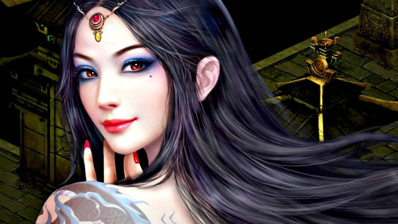 Brunette, 720P, Red Eyes, Shaiya, Video Game, Fantasy, Tattoo, Woman