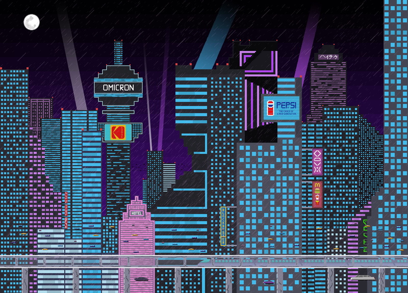 Moon, 720P, building, pixelated, square, rain, metro, pixel art, Kodak, tower, pixels, cityscape, night, skyscraper, Pepsi