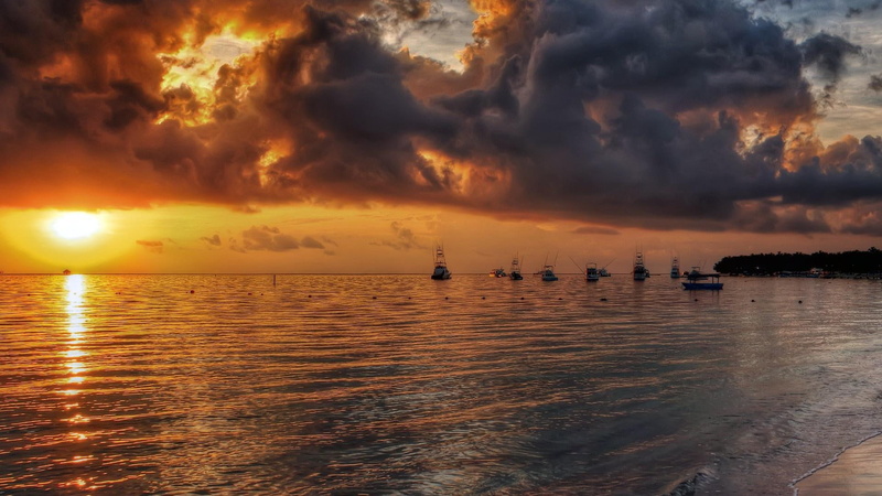 clouds, beach, boats, 1080P, nature and landscapes, sunset, puntacana, republic, dominican