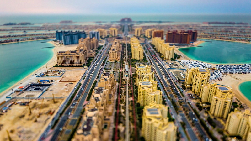 palm jumeirah, building, tilt shift, skyscraper, miniature, mode of transportation, tilt-shift, office building exterior, travel destinations, water, transportation