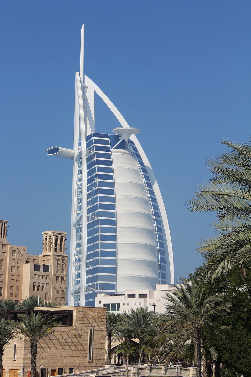 tree, built structure, travel, day, clear sky, design, dubai, tropical climate, tourism, skyscraper, no people, 7-star, uae, low angle view, plant, sky
