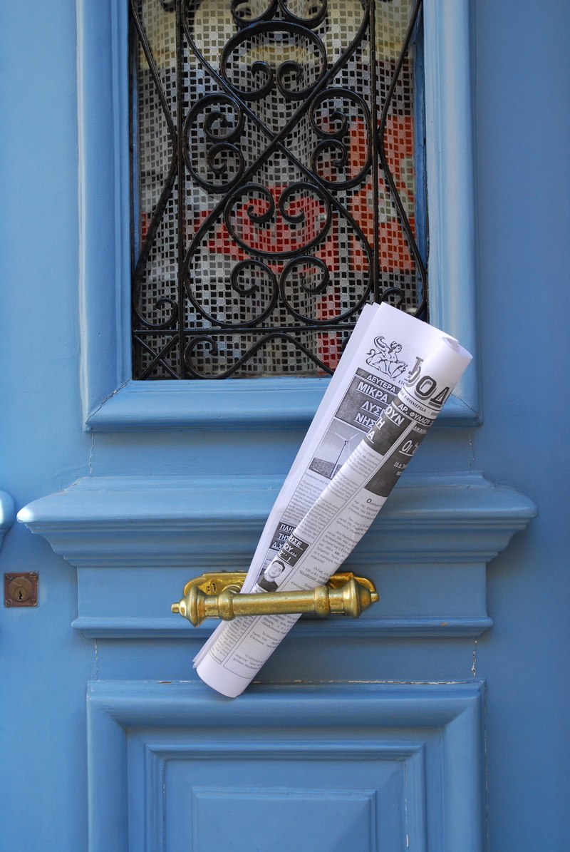 newspaper, publication, chios, blue door, 4K, design, window, blue, paper, hanging, text, communication, built structure, handle, brass, still life, no people