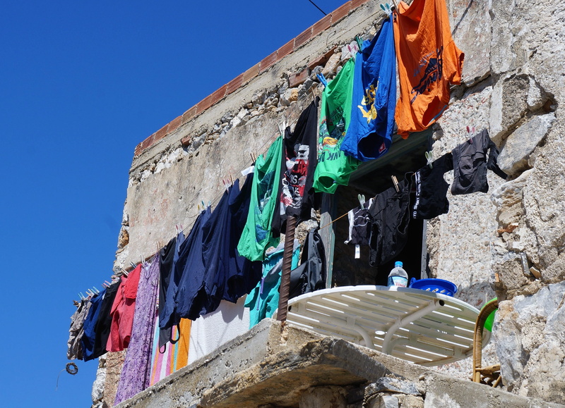 Blue Sky, low angle view, sky, clothing, hanging, day, textile, architecture, sunlight, Greek, chios, 2K, Sunny, greek island, colors, built structure