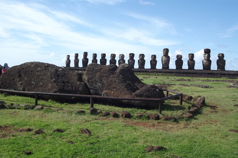 no people, tourism, easter island, built structure, land, the past, archaeology, nature, cloud - sky, chile, history, sky, field, rapa nui, old ruin, plant