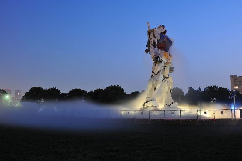 illuminated, outdoors, sky, clear sky, water, copy space, architecture, nature, plant, travel destinations, 1080P, gundam, art and craft, statue, representation