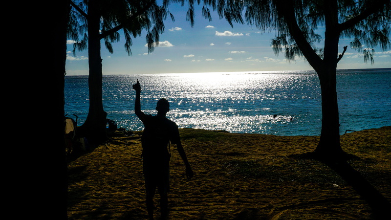 scenics - nature, standing, mauritius, tranquility, sea, sky, one person, nature, beach, men, silhouette, water, 5K, arms raised, lifestyles, le morne brabant