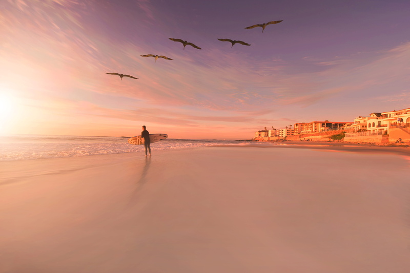 walking, surfboard, 4K, flying, orange color, person, building exterior, architecture, surf, cloud, pink, beauty in nature, sunset, cloud - sky, man, surfer