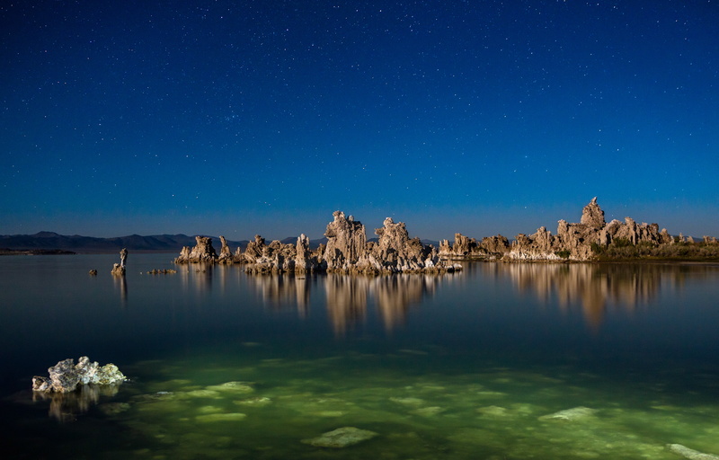 Water, rock, Lee Vining, CA, Night  Time, USA, Landscape, 5K, reflective, rock island  Lake, at Night, brown, island, Tufa, photography