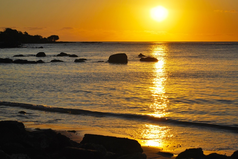 ocean, outdoors, wave, sea, rock, nature, horizon over water, tranquil scene, orange color, sky, near, end, horizon, water, golden, background, day, mauritius
