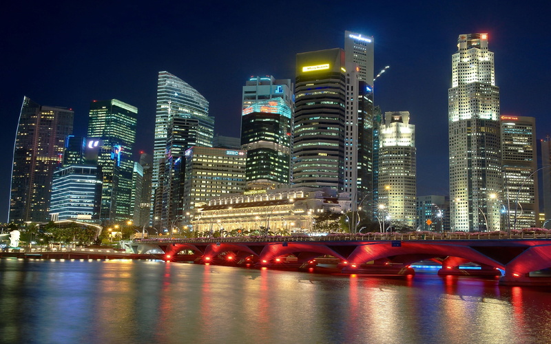 night, hd, lighting, 2K, singapore, bridge, building, skyscrapers, river, city, malaysia