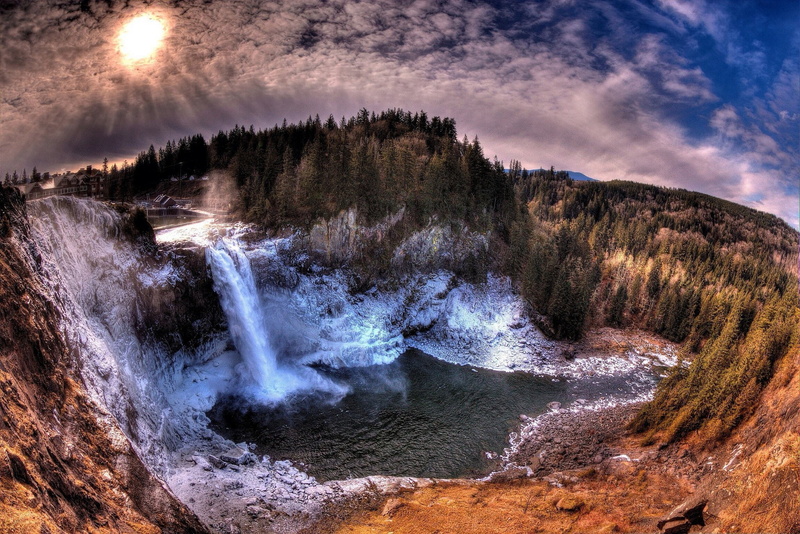 desktop, dark, hd, washington, landscape, state, waterfall, snoqualmie, sunset, usa, clouds, falls, snow, sky, nature, trees, 1080P