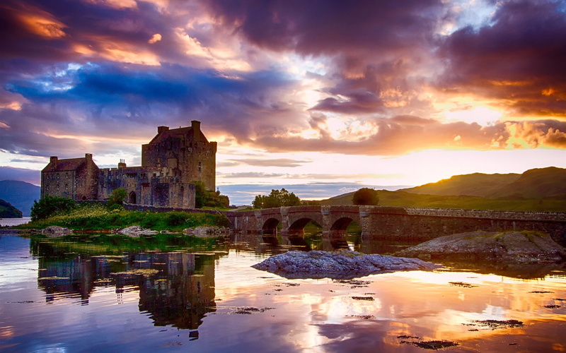 Clouds, Water, Bridge, River, Scotland, 1080P, Castle, Reflection, Sky