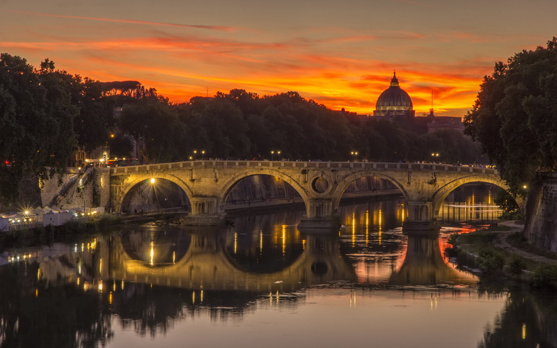 orange color, architecture, sky, river, arch bridge, arch, tiber, castel, bridge - man made structure, connection, clouds, built structure, cloud - sky