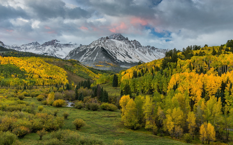 birch, usa, rocky, trees, snow, mountains, yellow, forest, golden, desktop, pine, landscape, colorado, leaves, autumn, sky, clouds, hd, 2K