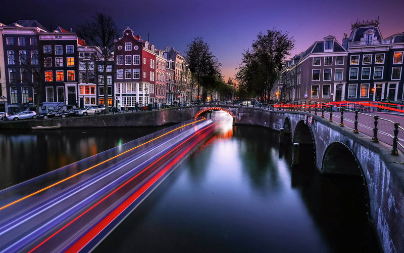river, desktop, time, amsterdam, boat, night, motion, 2K, houses, channel, cities, bridges, netherlands, backgrounds