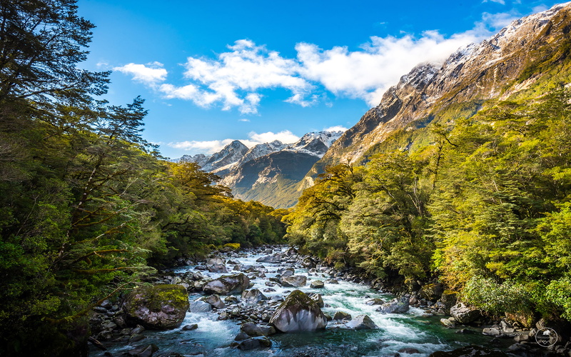 landscape, white, resolution, dense, sky, zealand, southland, rock, 2K, tutoko, green, trees, hd, new, river, clouds