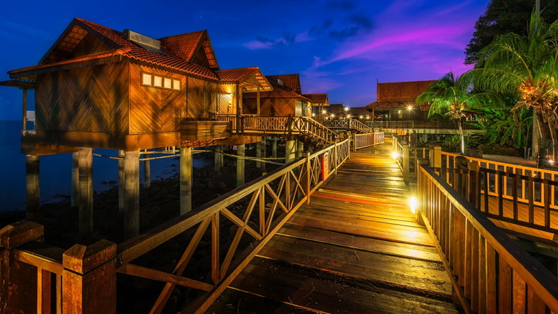 malaysia, estate, building exterior, built structure, tourist attraction, bridge, illuminated, overwater, dusk, langkawi, nature, wood - material, sunset