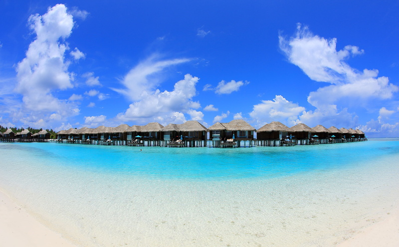 nature, architecture, cloud - sky, outdoors, tranquil scene, Tropical, Overwater Bungalows, Water, scenics - nature, tranquility, blue, land, Summer, Summertime