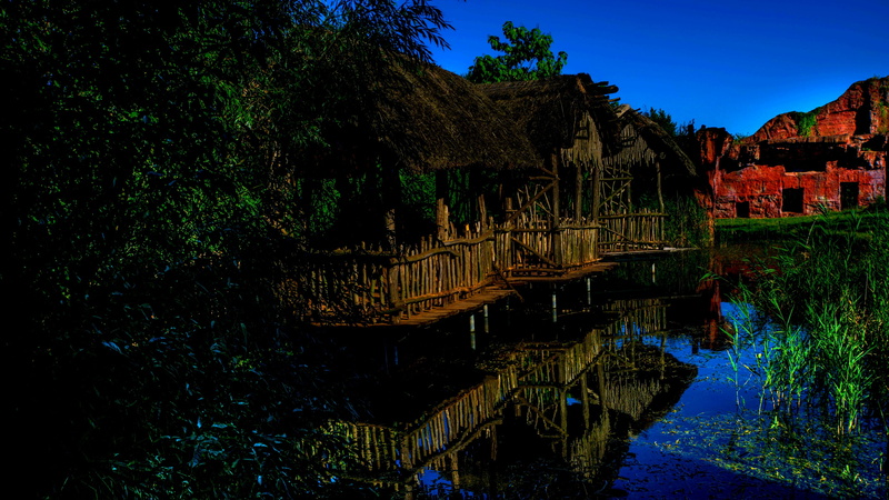 day, tranquil scene, bungalow, history, night, overwater, tree, no people, water, plant, ruined, beauty in nature, tranquility, 4K, built structure, sky