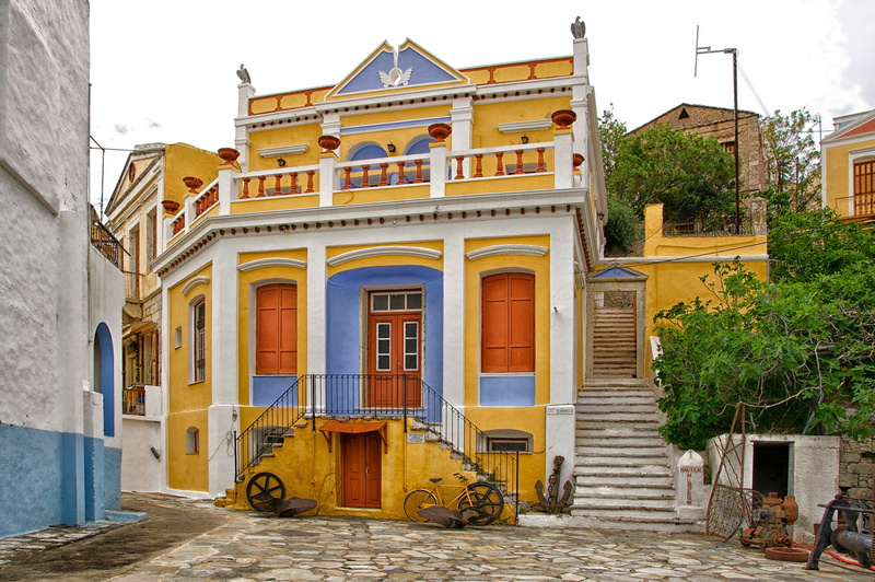 building, urban, built structure, symi, city, residential district, colorful, yellow, nature, transportation, land vehicle, buildings, building exterior