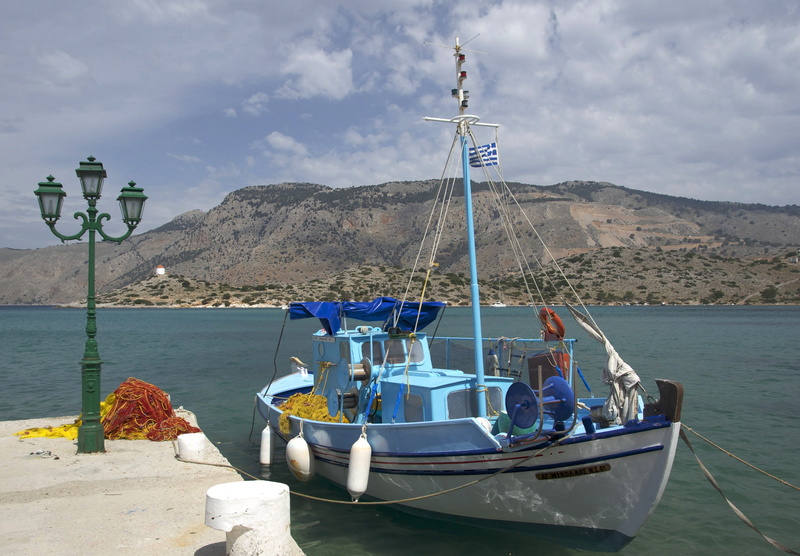 harbor, fishing boat, dock, mountain, boat, port, flag, nature, sky, mountain range, outdoors, transportation, 4K, pole, travel, scenic, symi, sailboat