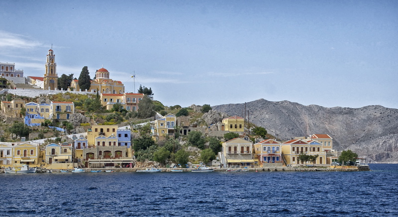 mountain, built structure, trees, building, Symi, scenic, 4K, land, Bay, bay, water, city, travel destinations, Greece, building exterior, shoreline, sky