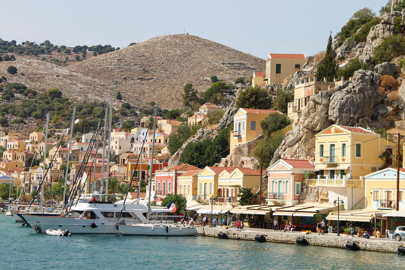 color, water, historic center, building, aegean sea, art nouveau, bank, no people, waterfront, symi, nature, travel destinations, mountain, travel, nautical vessel