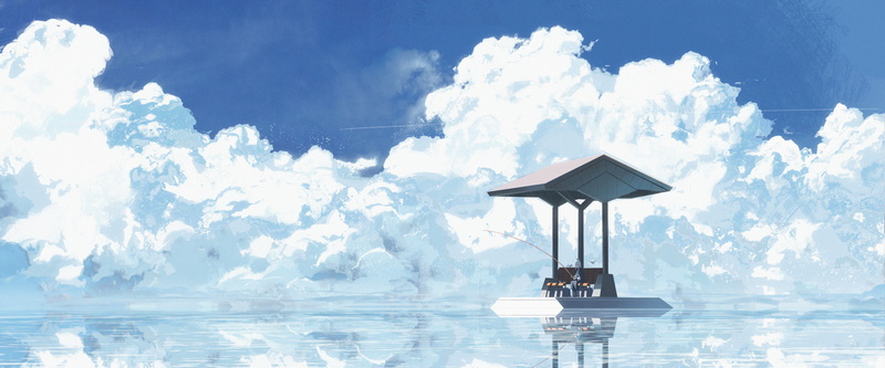 fishing, anime, water, 4K, sky, ultrawide, anime girls, clouds, 5K