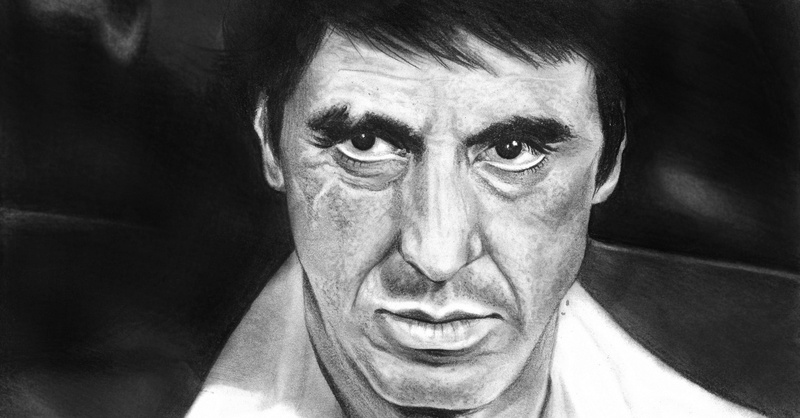one person, spooky, human body part, front view, young adult, adult, human face, men, headshot, 2K, close-up, portrait, indoors, lifestyles, al pacino fan art movies people scarface actors