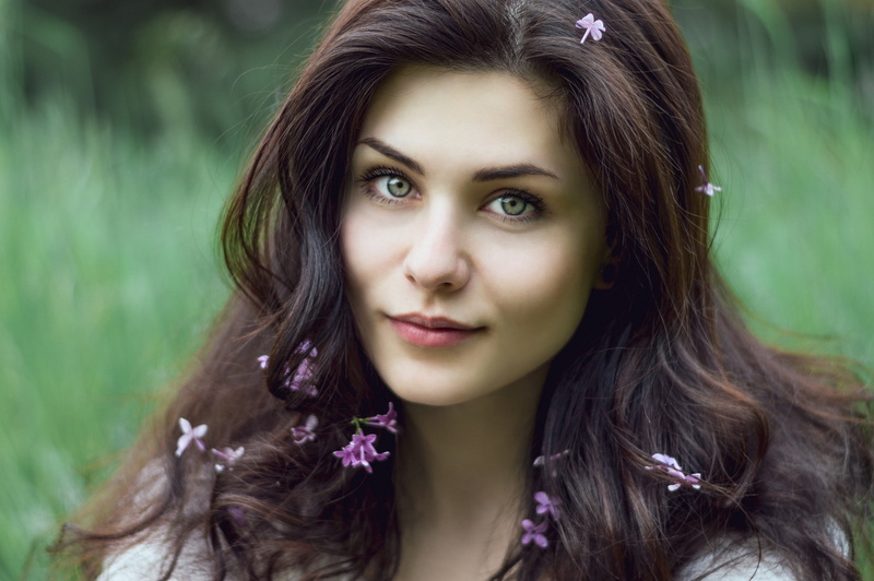 beautiful woman, flowers, front view, young adult, young women, human face, close-up, smirk, depth of field, face, portrait, teenager, green eyes, brown hair