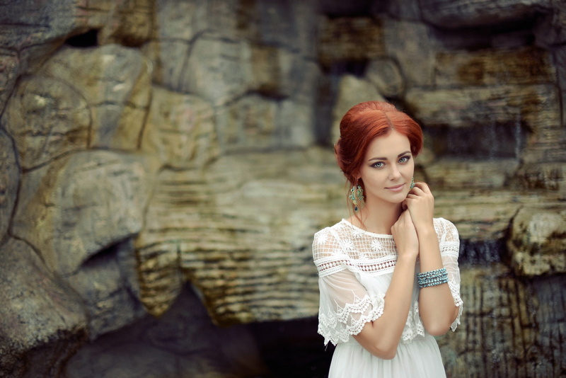 hairstyle, women, waist up, young adult, one person, women outdoors, white clothing, standing, model, blue eyes, beautiful woman, redhead, smirk, outdoors