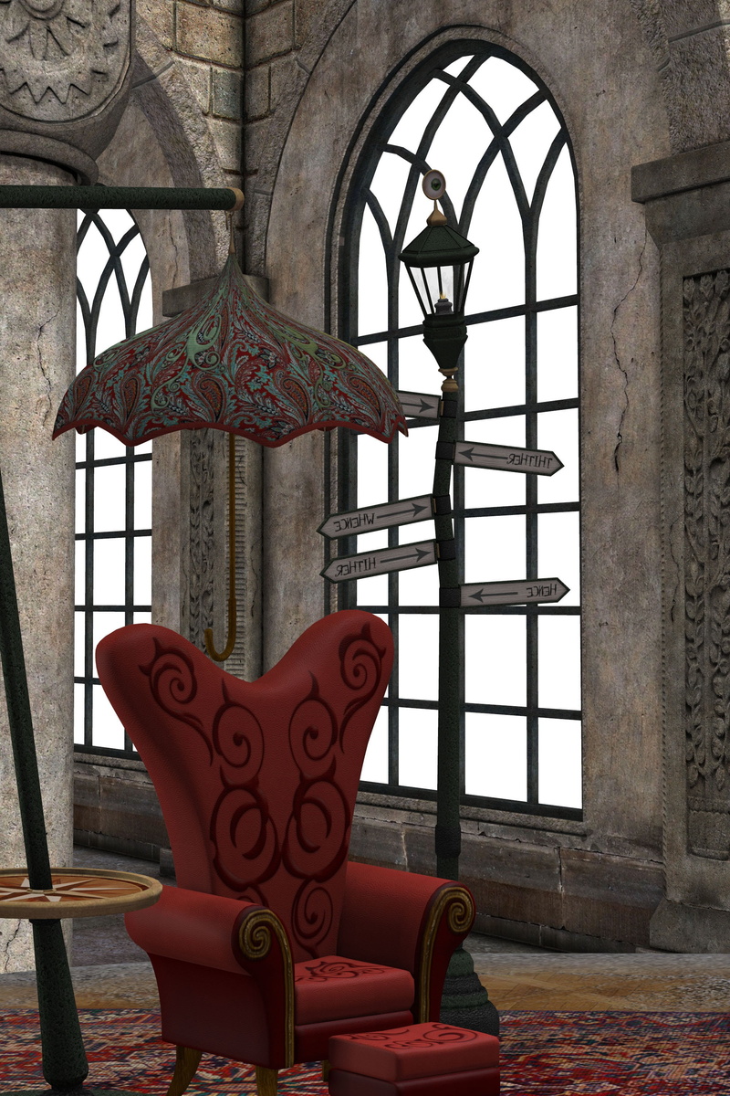 fantasy, leave, built structure, surreal, chair, seat, interior, red, floral, parasol, history, window, no people, floral pattern, spirituality, umbrella
