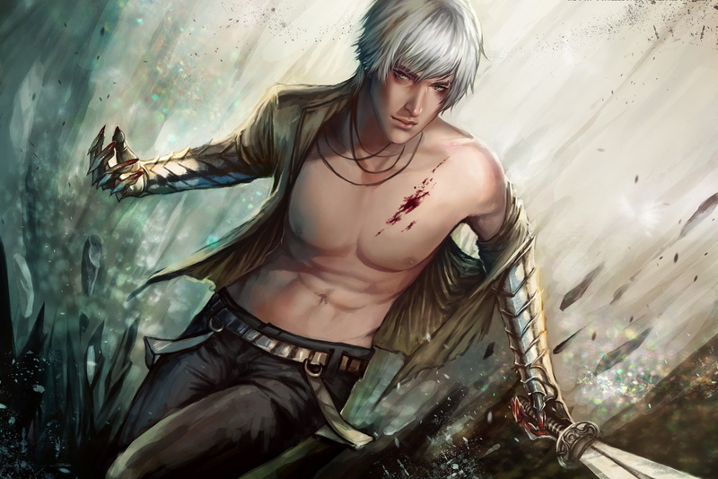 blood, wound, man, 2K, sword, metal, guy, art, white, hair, weapons, digital