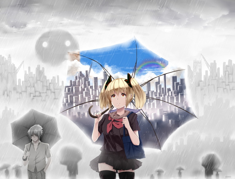 art, women, people, lifestyles, anime, females, the city, umbrella, front view, rain, togetherness, digital composite, leisure activity, hewsack, the sky
