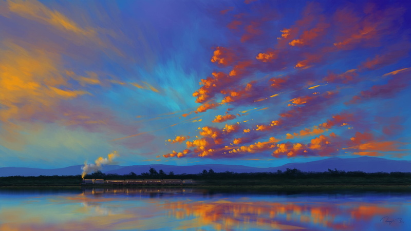 clouds, sky, Refraction, landscape, train, 1080P, digital painting, BisBiswas