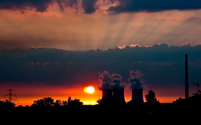 powerplant, clouds, sunrise, 2K, refraction, sunshine, nuclear, 3d and abstract