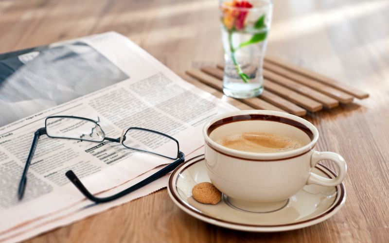 Coffee, 2K, teacup, white, Wooden, clear, Life, Glasses, Newspaper, frame, black, ceramic, lens, Table, Still, eyeglasses