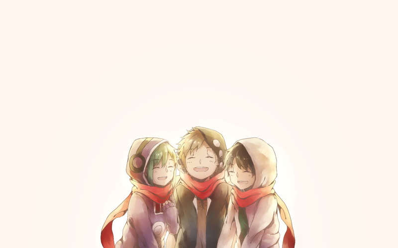 friendship, anime, Kano Shuuya, pre-adolescent child, waist up, girls, cut out, copy space, group of people, bonding, indoors, childhood, front view, portrait
