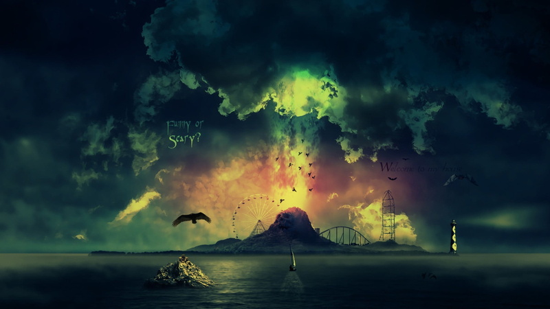  sea, tranquil scene, ominous, 1080P, park, beauty in nature, sky, amusement, land, digital composite, power in nature, island, non-urban scene