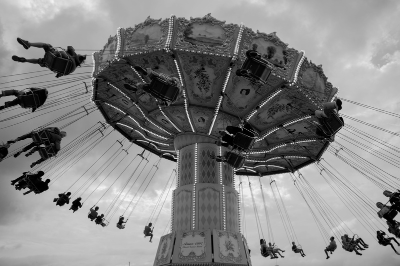 leisure activity, women, outdoors, large group of people, black and white, swing carousel, s, sky, riding, park, arts culture and entertainment, 5K, amusement park