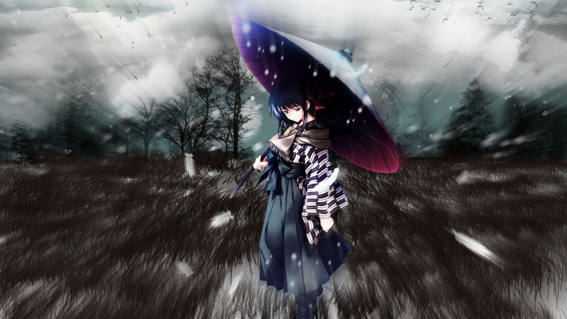 blue, umbrellas, trees, 1080P, snow, hair, feathers, women
