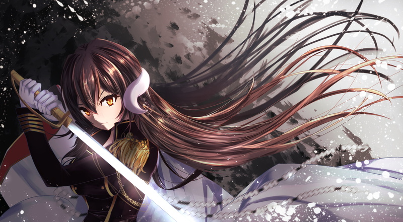 portrait, sword, hairstyle, mikasa, headshot, brown hair, front view, leisure activity, azur lane, indoors, Anime, hair, digital composite, young women