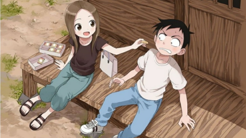 disguise, casual clothing, togetherness, two people, representation, high angle view, fun, full length, mask - disguise, sitting, Takagi-san, indoors, flooring