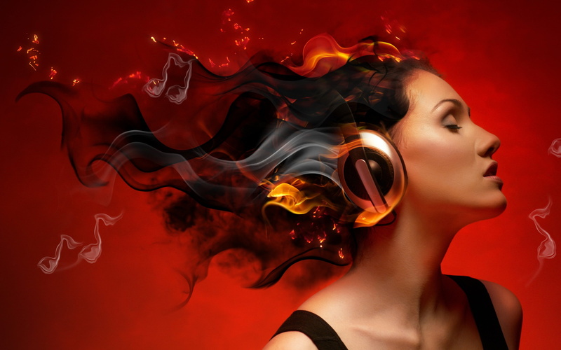headphones, charm, 2K, creative, girl, smoke, fire, profile, music