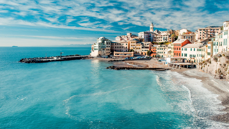 europe, houses, genoa, blue sky, blue water, sea, awesome, amazing, italy, buildings, travel, 4K, beautiful