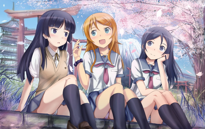 togetherness, sitting, casual clothing, beautiful woman, leisure activity, front view, Ruri Gokō, Anime, hair, Ayase Aragaki, people, looking at camera