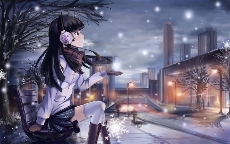 anime girls, city, snow, Ore no Imouto ga Konnani Kawaii Wake ga Nai, bench, manga, winter, Gokou Ruri, night, skirt, anime, headphones, schoolgirl, 720P